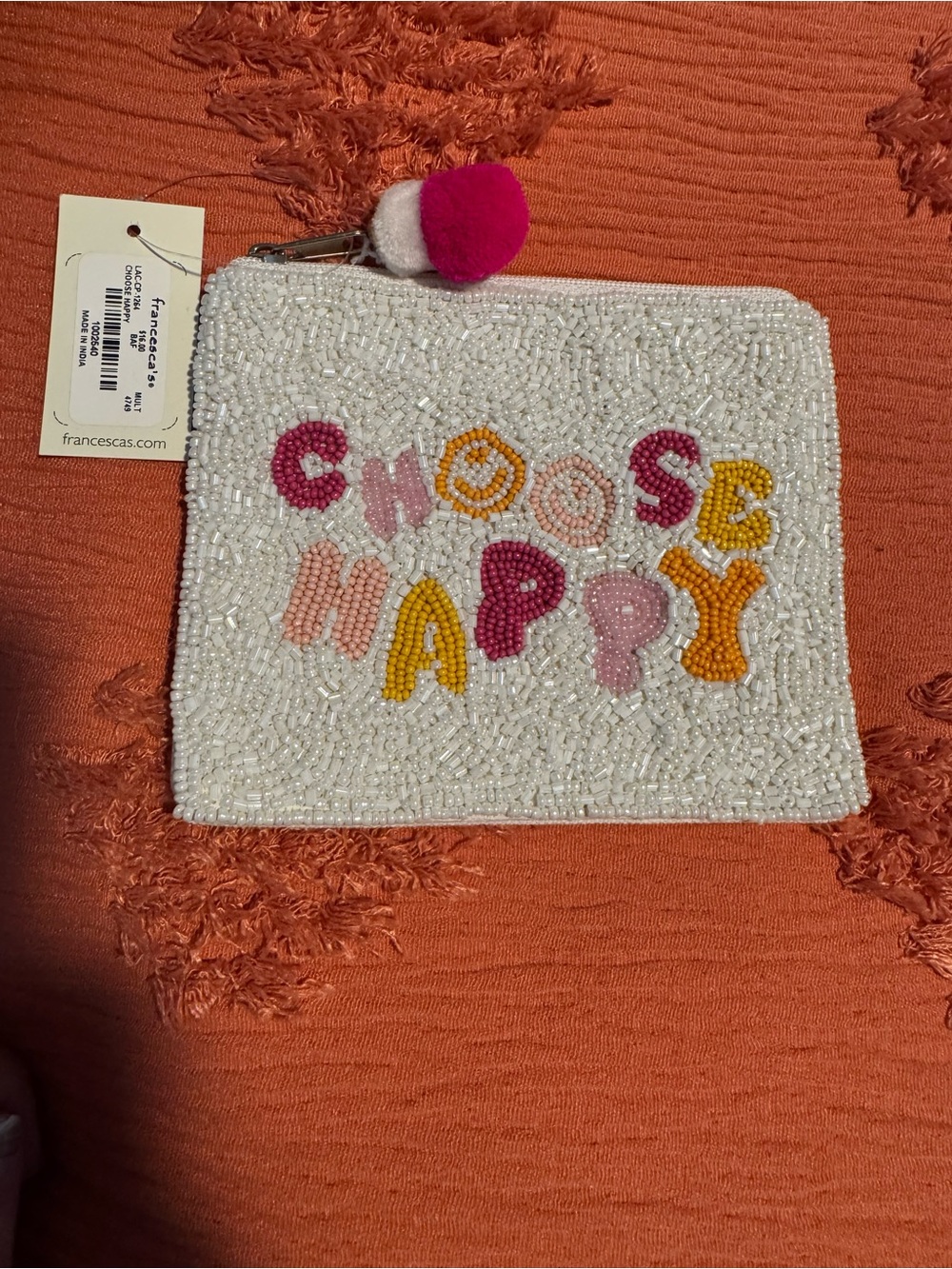 Beaded Pom Zipper Pouch - White with Pink, Yellow & Peach Lettering